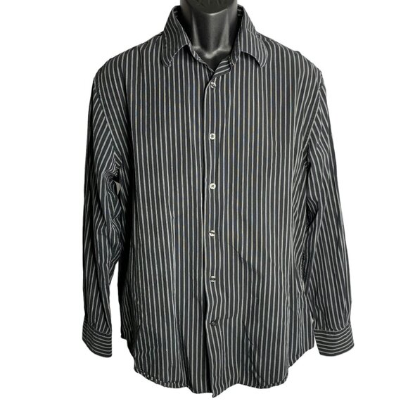 Perry Ellis Button Up Long Sleeves Shirt L Black White Striped Point Collar - Picture 1 of 6